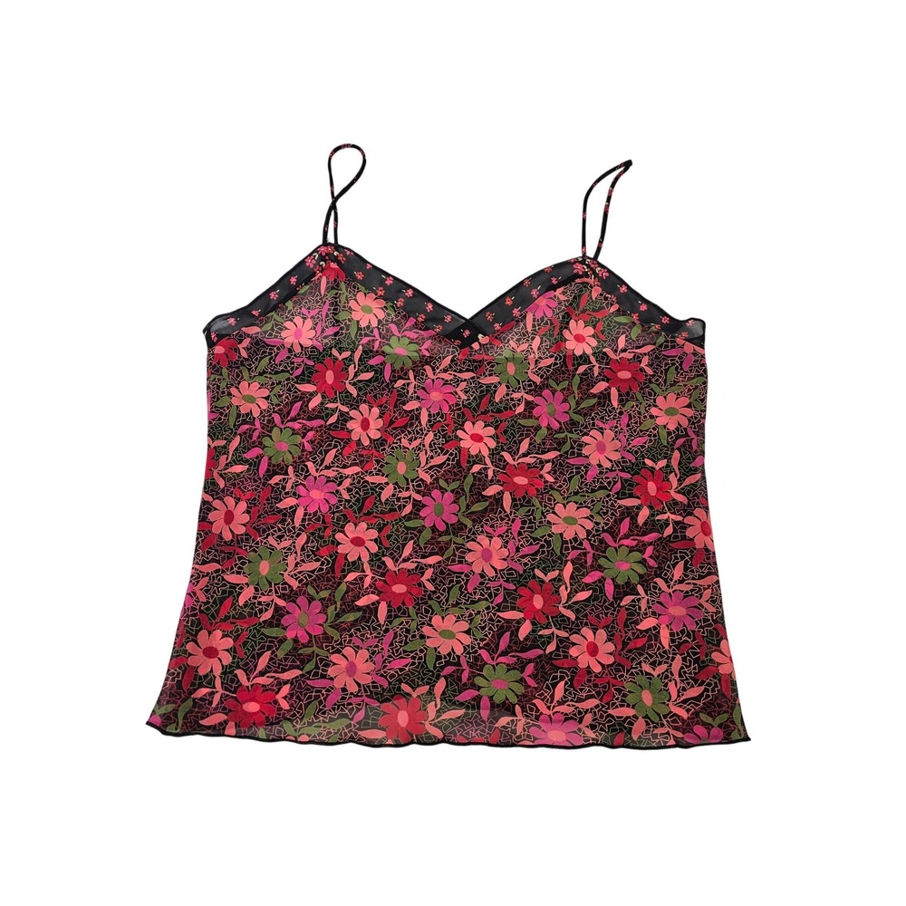 Y2K Josie Natori Floral Cami Top Sheer Mesh V-Neck Adjustable Straps Tank Silky‎